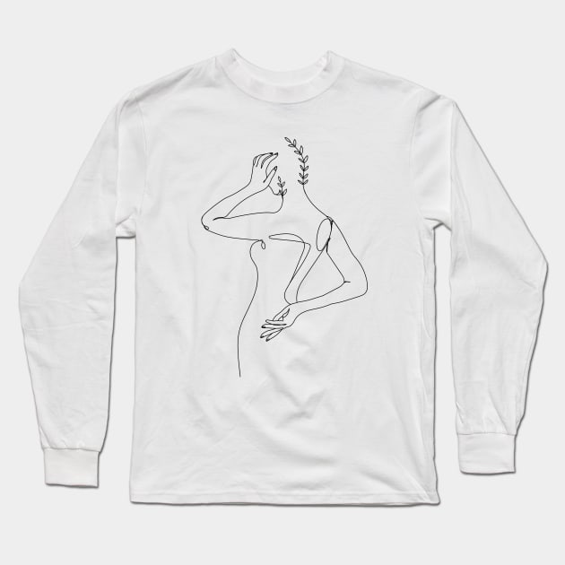 Minimal Woman line art. Woman body with branch of leaves. Long Sleeve T-Shirt by CoCoArt-Ua